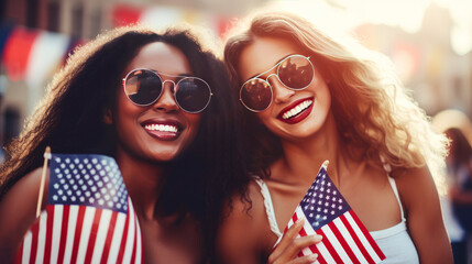 Happy two afro women with American flag on Independence Day holidays of the United States of America.