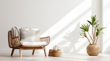 Dark, modern wicker chair in a white living room interior with a wooden bench and decorations made from natural materials