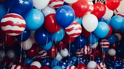 A large number of balloons in the colors of the flag of the United States of America.