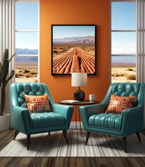 Modern Living Room with Blue Leather Chairs and Desert Road Artwork