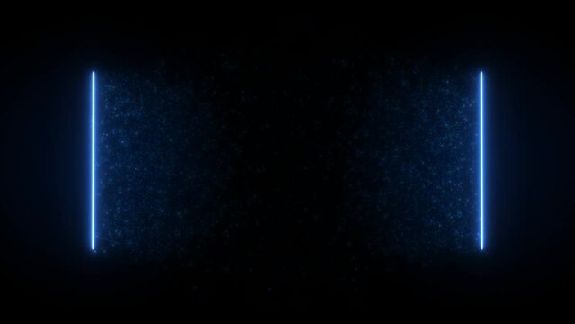 Animation of blue neon led lamp frame, empty space, ultraviolet light, 80's retro style, fashion show stage, abstract background, illuminate frame design. Abstract cosmic vibrant particles backlight