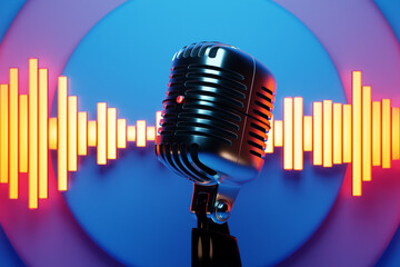 3D illustration, retro style microphone in party or concert against the background of equalizer lines