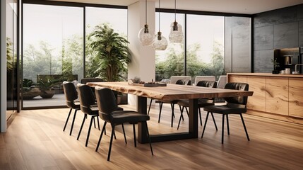 Dining room with wooden table and floor in modern apartment. Interior design