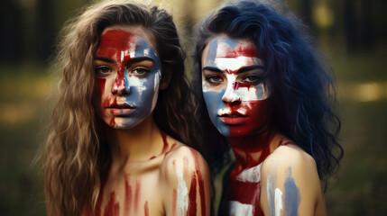 Two cute girls with their faces painted in the colors of the flag of the United States of America.