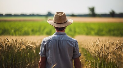 View from behind of a farmer in a wheat field