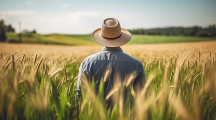 View from behind of a farmer in a wheat field