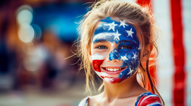 A cute child with the colors of the flag of the United States of America painted on his face.