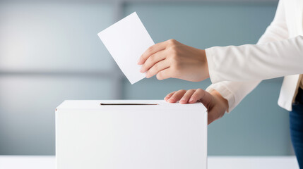 The person places a ballot for the election of president, senator or deputy into a white ballot box.