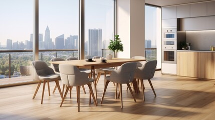 Four grey chairs around table in dining room, side view, near a big window with city view. Modern new wooden kitchen design and wooden floor, parquet