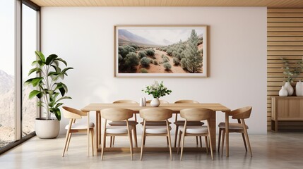 Framed photo on a white wall in an open space dining room and kitchen interior with modern, wooden furniture and plants