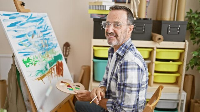 Confident grey-haired middle age man with twinkling eyes, gleefully paints in his art studio, radiating creativity and passion