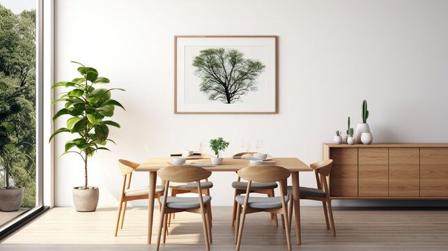 Framed photo on a white wall in an open space dining room and kitchen interior with modern, wooden furniture and plants
