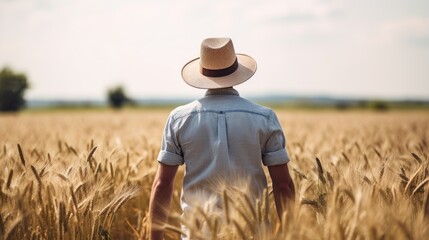 View from behind of a farmer in a wheat field