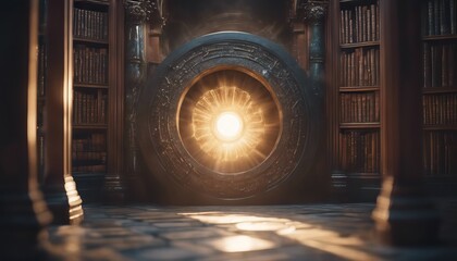 Light streaming through round door in library, knowledge and mystery concept