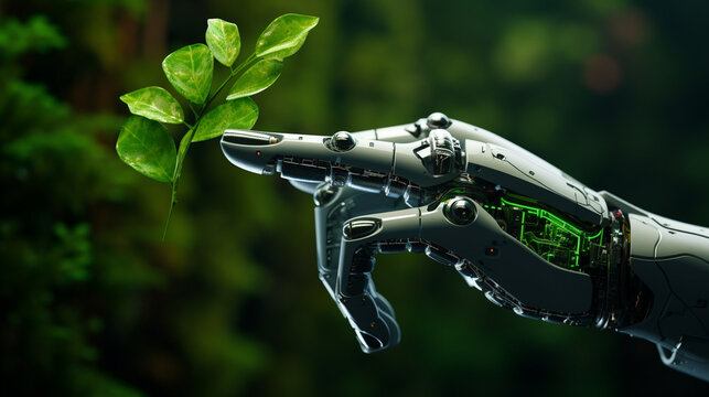 A closeup of a sleek, futuristic robot hand holding a flourishing green plant, showcasing the synergy between technology and nature. --ar 16:9 --v 5.2 Job ID: 3a25facb-284f-4595-b954-1046db8e6d8c