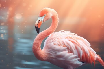 pink flamingo at pastel peach color sunrise in water