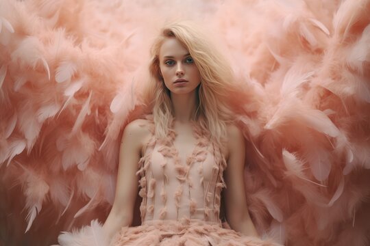 beautiful woman in fashion dress outfit with feathers of pastel peach color. Trendy peach fuzz color of the year 2024