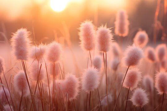 fuzzy pampas grass at pastel pink sunrise background of color of the year 2024 peach fuzz 