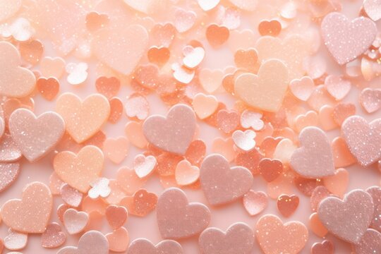 pastel peach small hearts texture and background. St Valentines day backdrop. Trendy color of the year 2024 Peach fuzz.