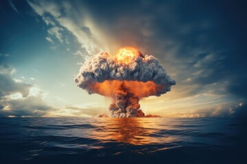 An apocalyptic explosion, a nuclear mushroom causes fiery destruction, causing a global catastrophe of annihilation.
