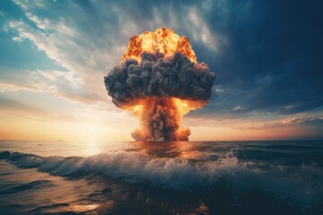The fiery armageddon of nuclear war: a mushroom cloud at sea, a catastrophic explosion and global destruction. - obrazy, fototapety, plakaty