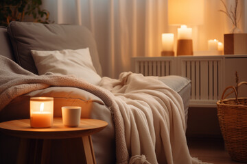 Fototapeta na wymiar Closeup of a Cozy living room with warm lighting and soft blankets.Minimalistic --ar 3:2 --v 5.2 Job ID: 93f16a97-48a9-48a7-86e4-01088ab1fe78