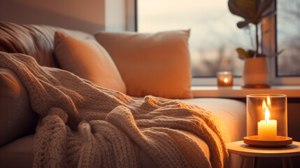 Closeup of a Cozy living room with warm lighting and soft blankets.