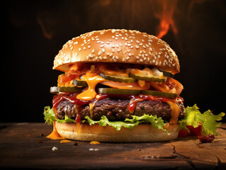 Food photography of a unhealthy burger --ar 4:3 --v 5.2 Job ID: c6ac4762-8458-49ef-a4cc-5c4e525c39cf