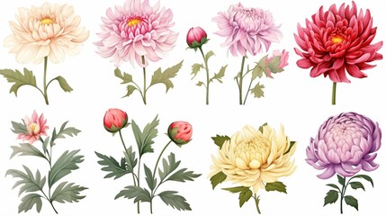 Fototapeta premium Set of botanical flowers chrysanthemum and peonies Vector hand draw vector graphic for your design.