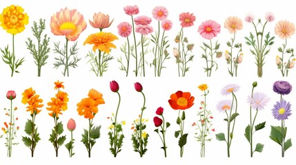 Set of flowers isolated on white background Cutout plants for garden design.