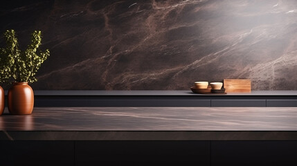 Modern empty dark marble table for product display in the background blurred modern kitchen room interior --ar 16:9 --v 5.2 Job ID: 5cde60fb-57a9-42f6-800d-28af181f89ce