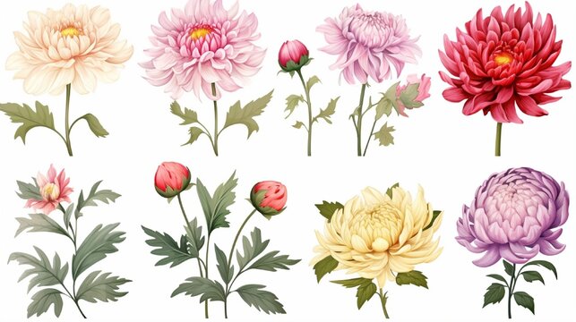 Set of botanical flowers chrysanthemum and peonies Vector hand draw vector graphic for your design.