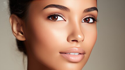 Fototapeta premium Close-up of a woman's face with flawless, radiant skin. Her complexion is smooth, even-toned, and free from blemishes. Her skin appears hydrated, glowing, and reflects light naturally