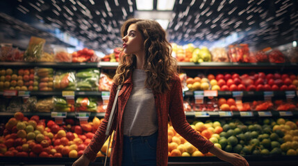 Portait of a woman shopping for groceries fruits and vegetables in a grocery supermarket store aisle, inflation food prices concept --ar 16:9 --v 5.2 Job ID: ae789078-0061-4fe2-9010-d74ebb63ca6d