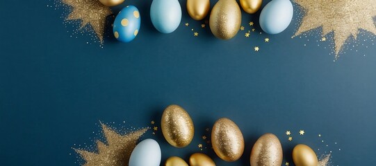 Beautiful gold and blue easter eggs with golden glitters on a blue background with copy space....
