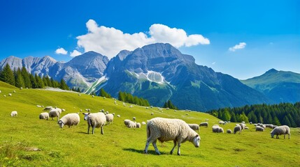 Sheep on alpine pasture in sunny summer day.