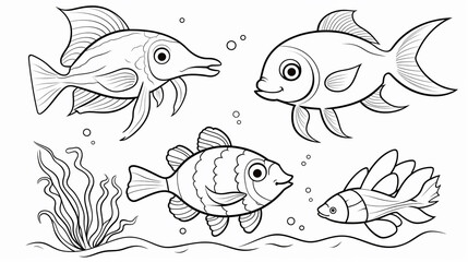 Sea animals - cute Crab lobster, Dolphin, Turtle, Seahorse and Fish, simple thick lines kids or children cartoon coloring book pages. --ar 16:9 --v 5.2 Job ID: 3296fcf9-fec6-4c1b-b0dc-47a432c61c07