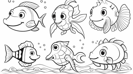 Fototapeta premium Sea animals - cute Crab lobster, Dolphin, Turtle, Seahorse and Fish, simple thick lines kids or children cartoon coloring book pages. --ar 16:9 --v 5.2 Job ID: 8bff58a9-7268-4b05-b256-ed10354544d5