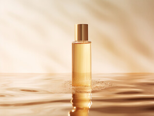 skincare product lying in golden waters, there is no text on the product, it is a clean minimalistic little bottle --ar 4:3 --v 5.2 Job ID: 4a84a0fc-084f-41cd-94b4-d7fa7560f60f