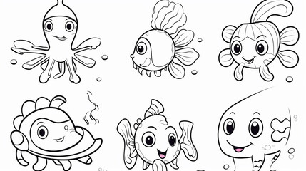 Sea animals - cute Crab lobster, Dolphin, Turtle, Seahorse and Fish, simple thick lines kids or children cartoon coloring book pages. --ar 16:9 --v 5.2 Job ID: 3296fcf9-fec6-4c1b-b0dc-47a432c61c07