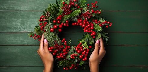 A woman's hands holding a Christmas wreath with red berries against a green wooden wall.