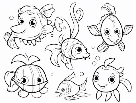 Sea animals - cute Crab lobster, Dolphin, Turtle, Seahorse and Fish, simple thick lines kids or children cartoon coloring book pages. --ar 4:3 --v 5.2 Job ID: 0b29a000-7e56-46e4-899c-c65a27e99760