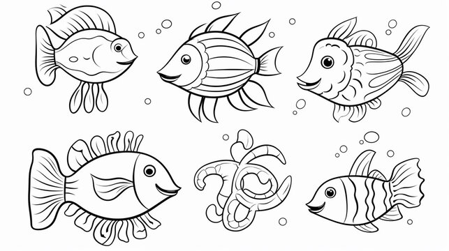 Sea animals - cute Crab lobster, Dolphin, Turtle, Seahorse and Fish, simple thick lines kids or children cartoon coloring book pages. --ar 16:9 --v 5.2 Job ID: 8bff58a9-7268-4b05-b256-ed10354544d5