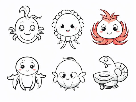 Sea animals - cute Crab lobster, Dolphin, Turtle, Seahorse and Fish, simple thick lines kids or children cartoon coloring book pages. --ar 4:3 --v 5.2 Job ID: 0b29a000-7e56-46e4-899c-c65a27e99760