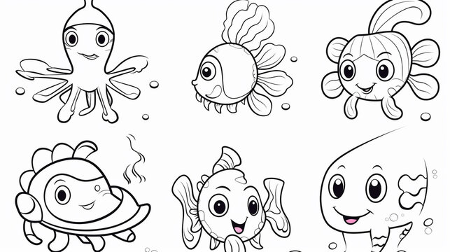 Sea animals - cute Crab lobster, Dolphin, Turtle, Seahorse and Fish, simple thick lines kids or children cartoon coloring book pages. --ar 16:9 --v 5.2 Job ID: 3296fcf9-fec6-4c1b-b0dc-47a432c61c07