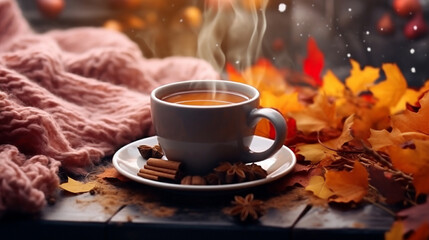 Warming autumn drinks in cold rainy weather, hygge concept, realistic photo, 8k --ar 16:9 --v 5.2 Job ID: a755c413-edfe-4fa0-8f2d-24f8dca2980a - obrazy, fototapety, plakaty