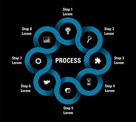 Blue flowchart with symbols, icon collection. Isolated on black. Vector illustration.