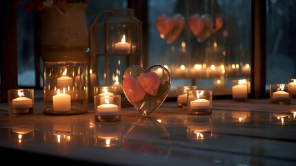 decorated place with a candles for st. valentines day,, ai generated