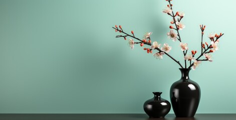 Elegant Contrast: Black Vases with Blossoming Branch on Wooden Table