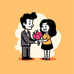 cute Man holding flowers proposing to woman